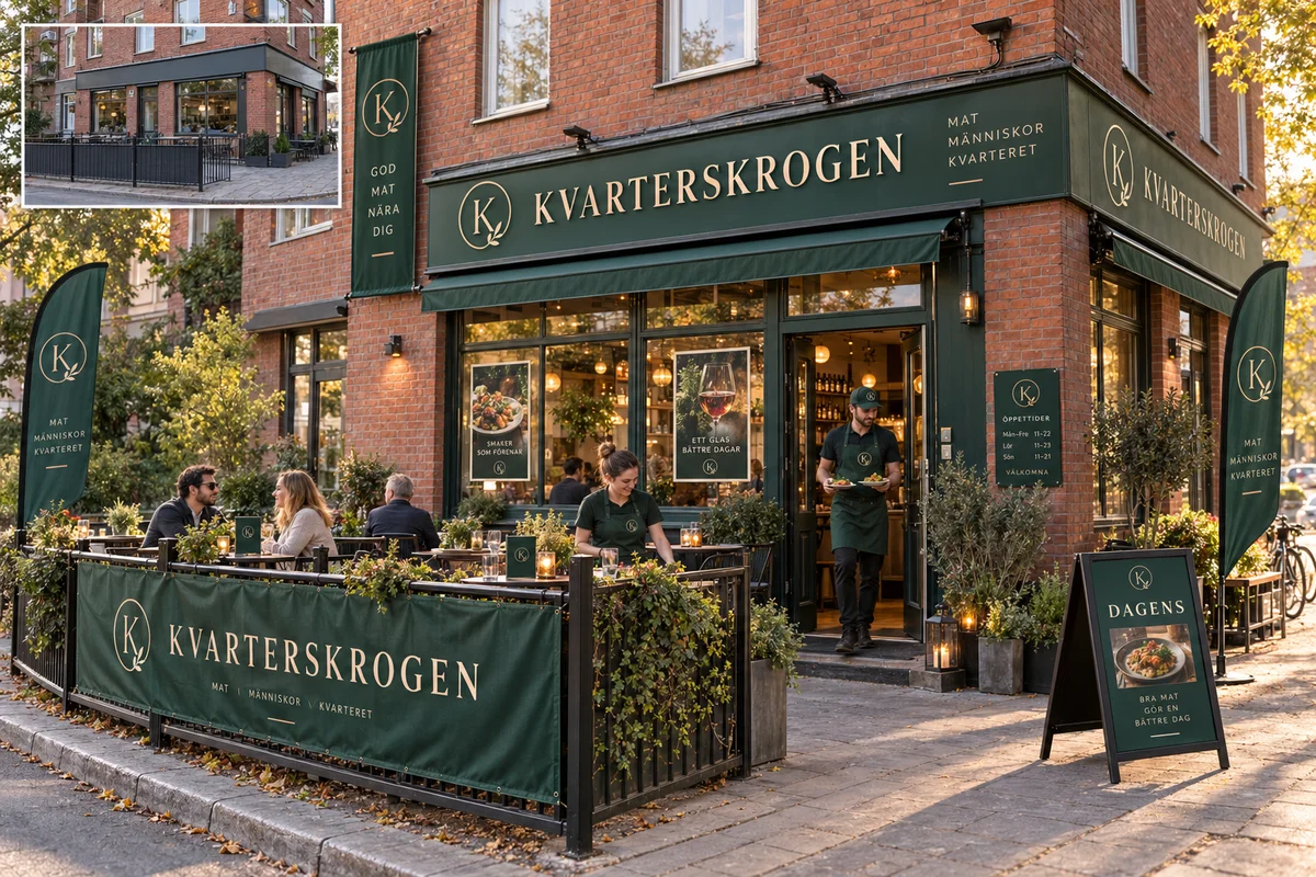 AI-koncept för restaurangen Kvarterskrogen: en levande uteplats med flaggor, banderoller, gatupratare, menyer och skyltning, med ett litet inklistrat förefoto i hörnet som visar den tomma, anonyma uteplatsen innan