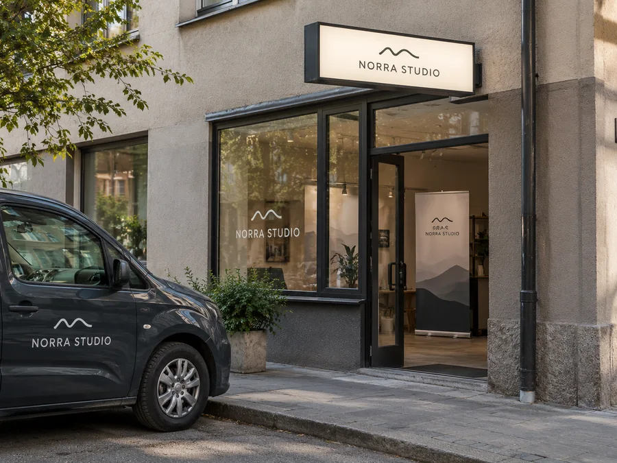 AI-koncept: skylt, fönsterdekal, roll-up och fordonsdekal för Norra Studio